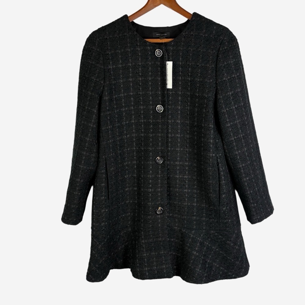 NWT Ann Taylor Black Windowpane Wool Blend Peplum Hem Coat • Size M • MSRP $169 - Picture 2 of 11